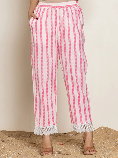 White And Pink Floral Print Cotton Straight Kurta Dupatta Set