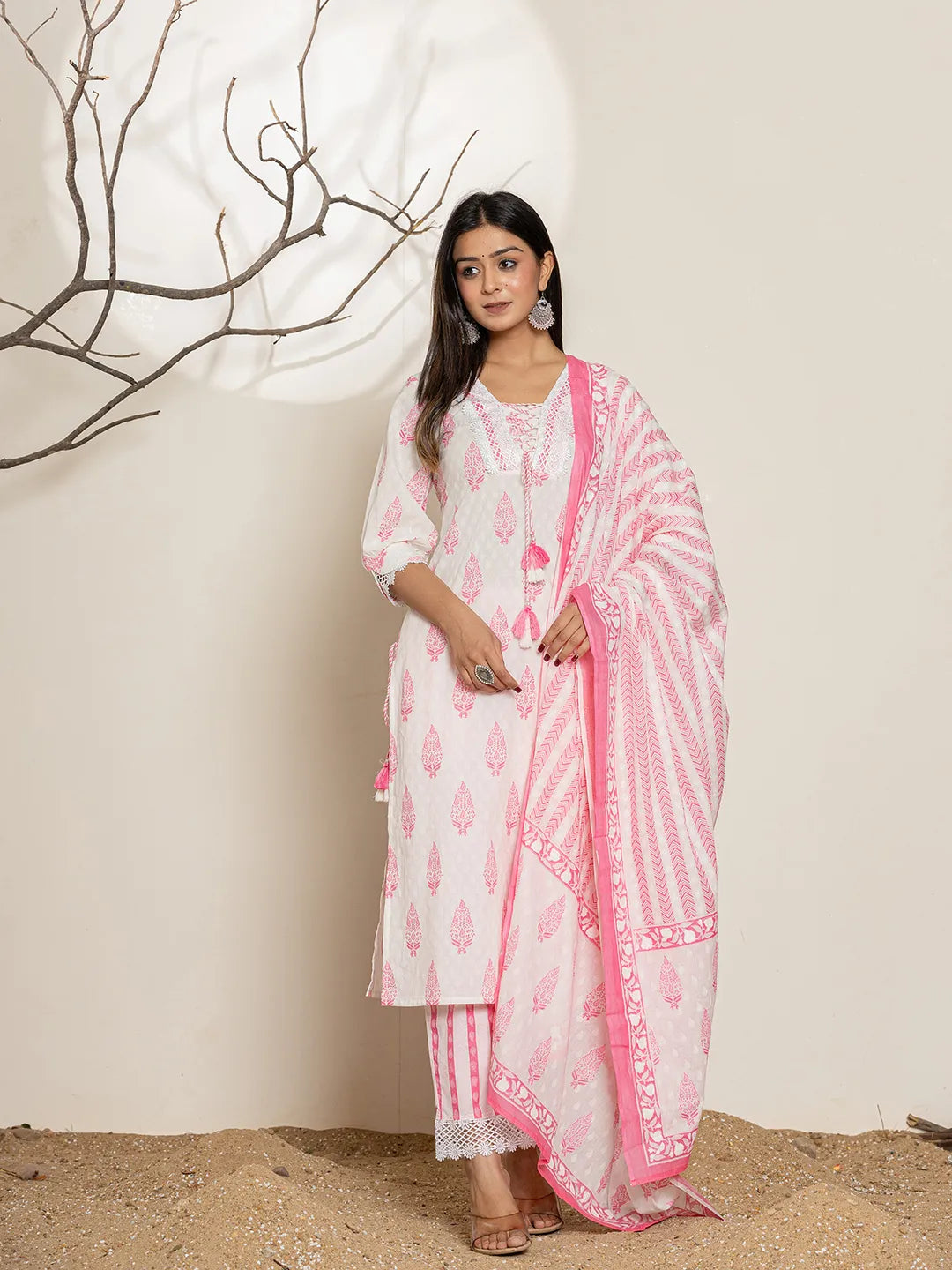 White And Pink Floral Print Cotton Straight Kurta Dupatta Set