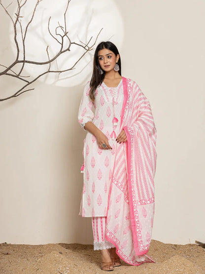 White And Pink Floral Print Cotton Straight Kurta Dupatta Set