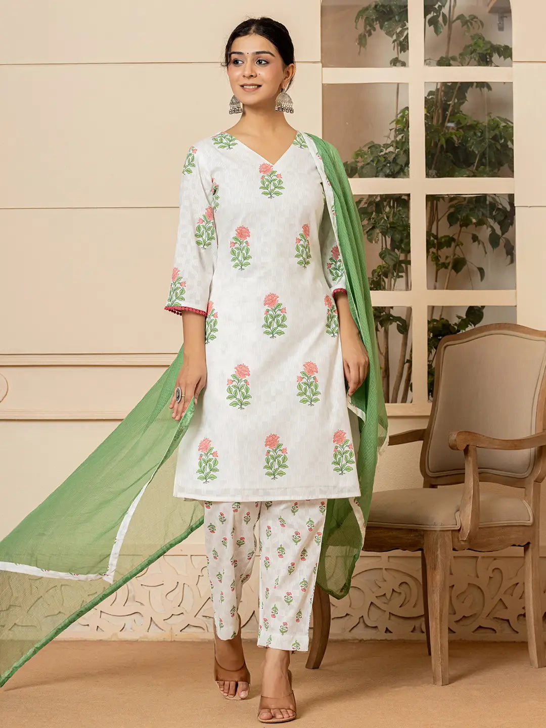 White And Red Cotton Floral Print Kurta Dupatta Set