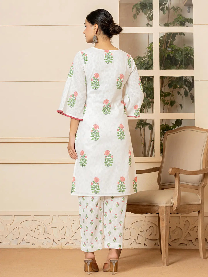 White And Red Cotton Floral Print Kurta Dupatta Set