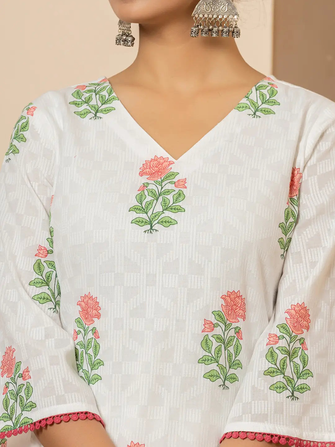 White And Red Cotton Floral Print Kurta Dupatta Set