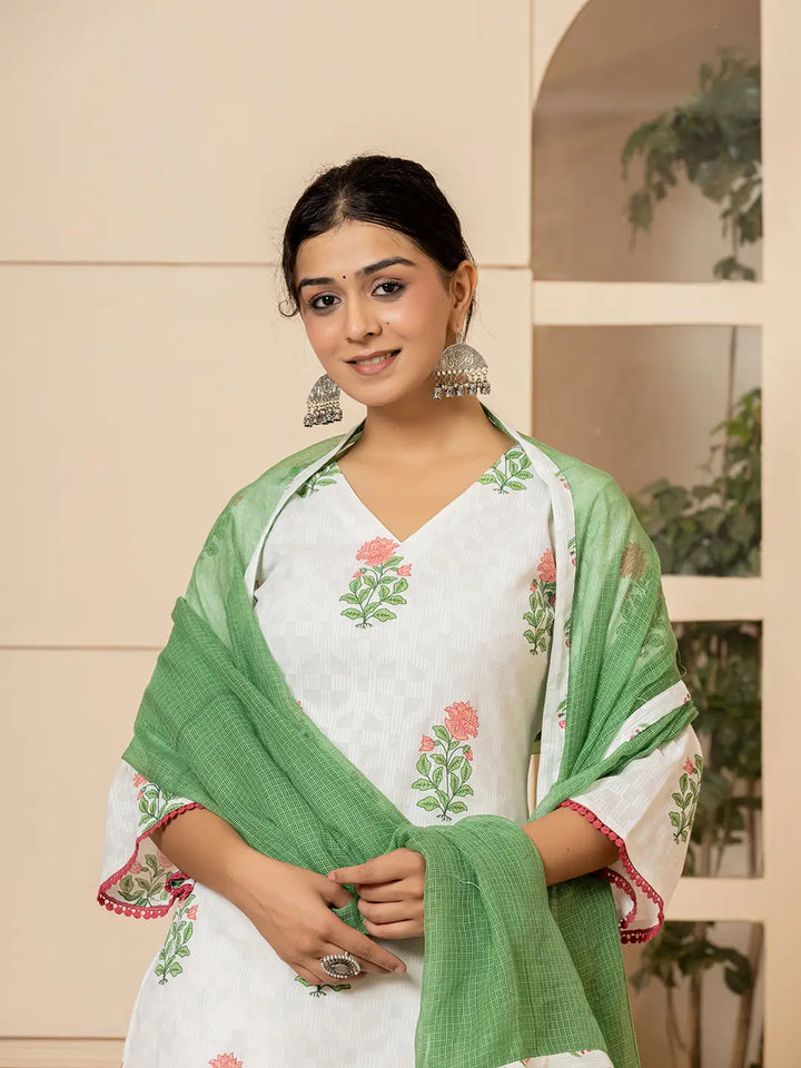 White And Red Cotton Floral Print Kurta Dupatta Set