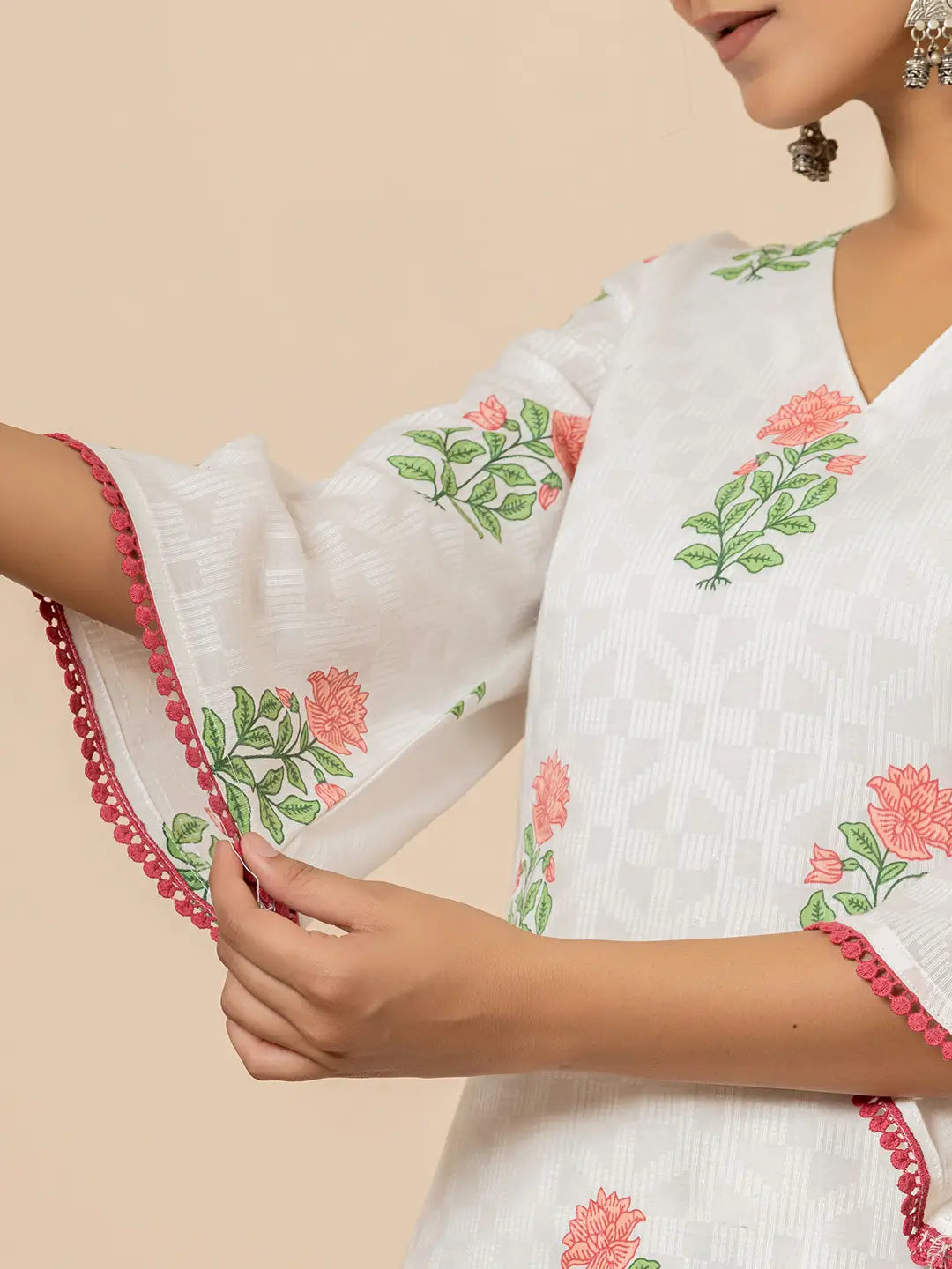 White And Red Cotton Floral Print Kurta Dupatta Set