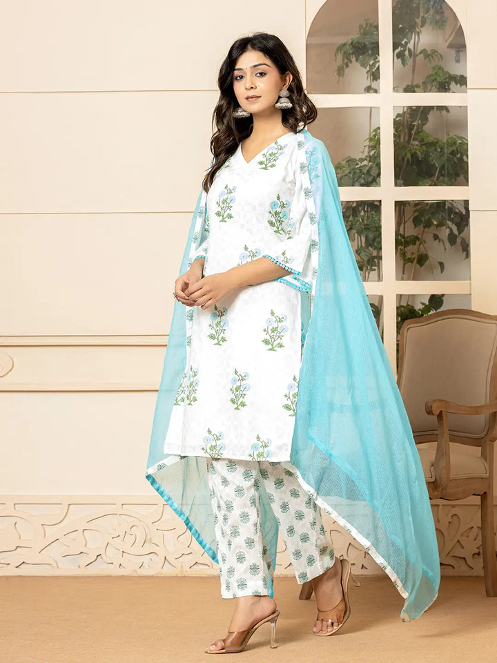 White And  Sky Blue Cotton Floral Print Kurta Dupatta Set