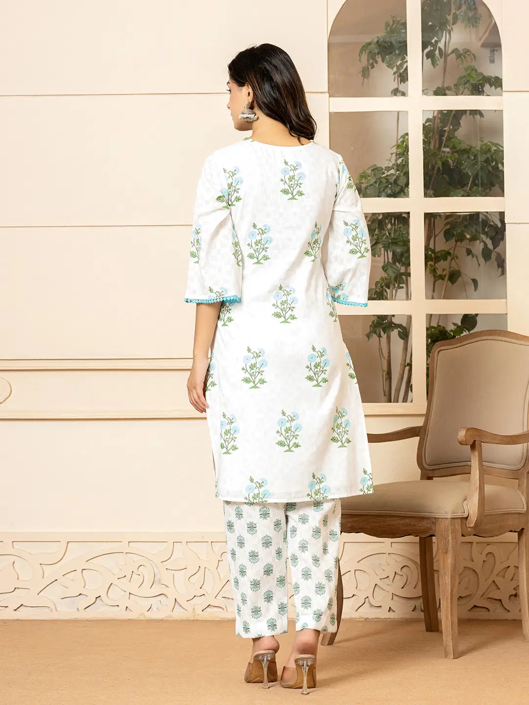 White And  Sky Blue Cotton Floral Print Kurta Dupatta Set