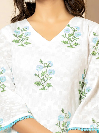 White And  Sky Blue Cotton Floral Print Kurta Dupatta Set