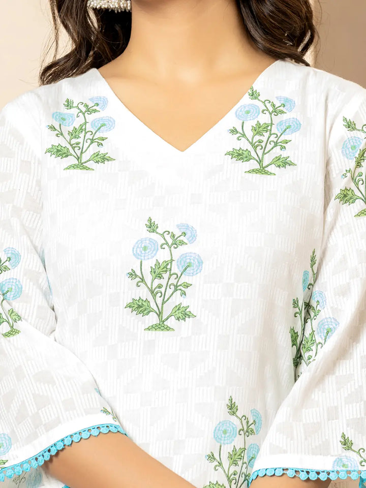 White And  Sky Blue Cotton Floral Print Kurta Dupatta Set