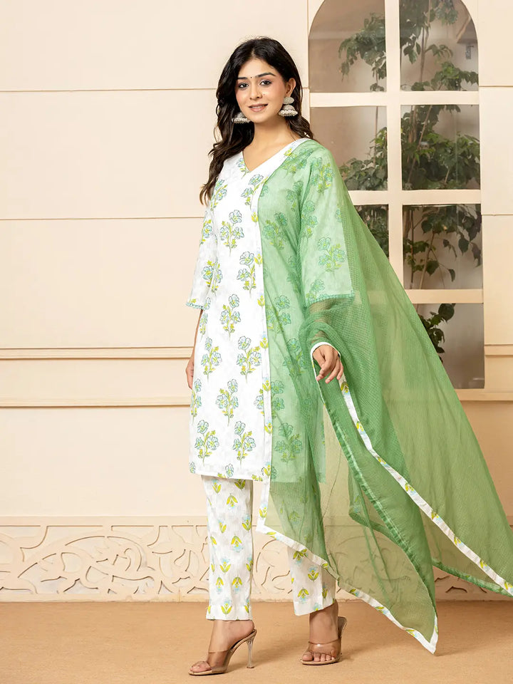 White And Teal Cotton Floral Print Kurta Dupatta Set
