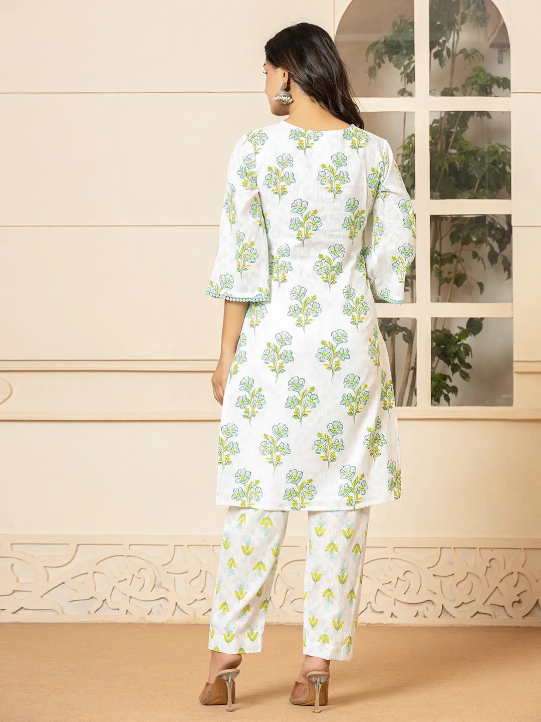 White And Teal Cotton Floral Print Kurta Dupatta Set