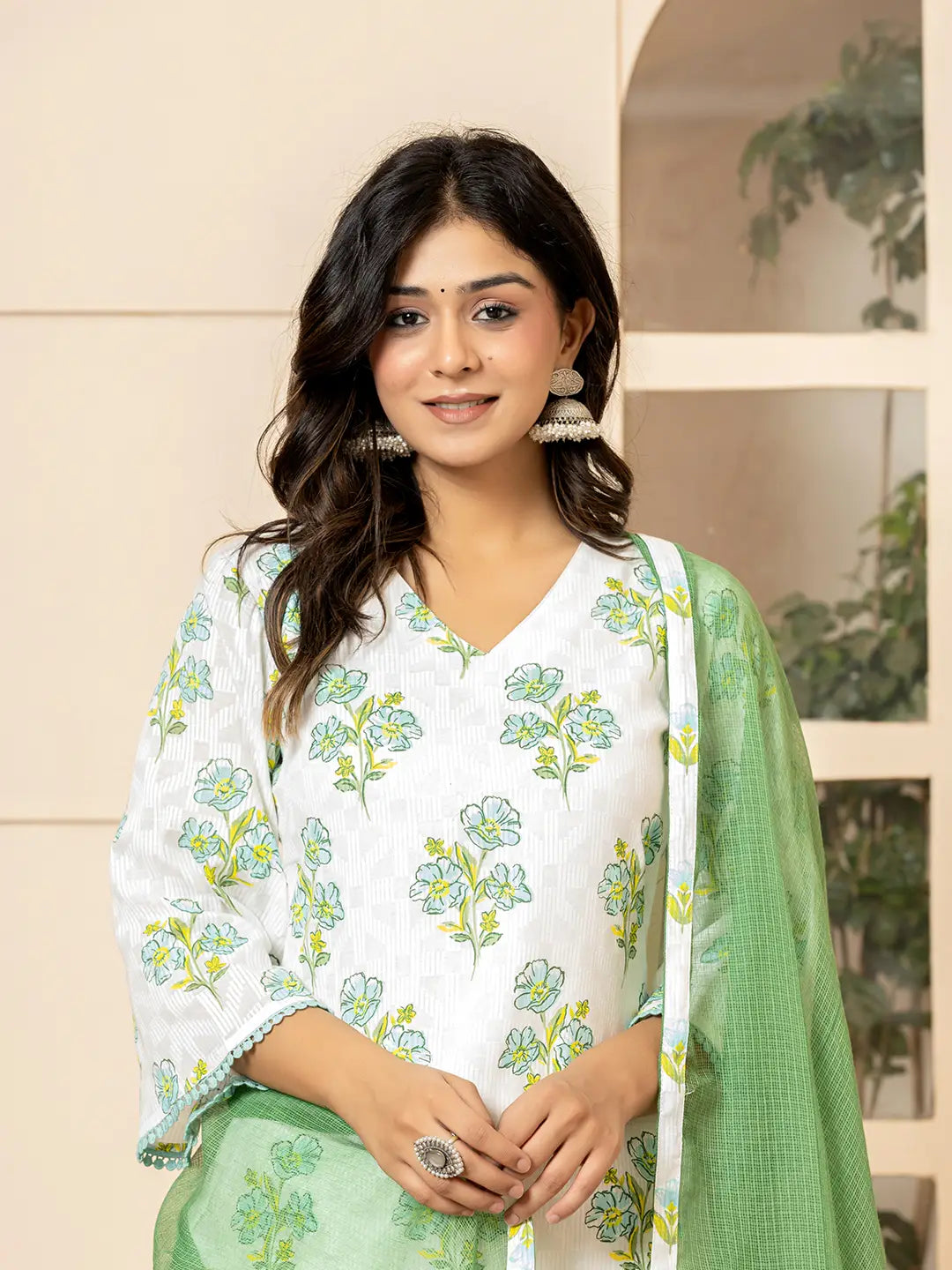White And Teal Cotton Floral Print Kurta Dupatta Set