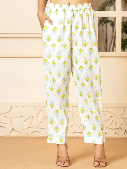 White And Teal Blue Cotton Floral Print Kurta Dupatta Set