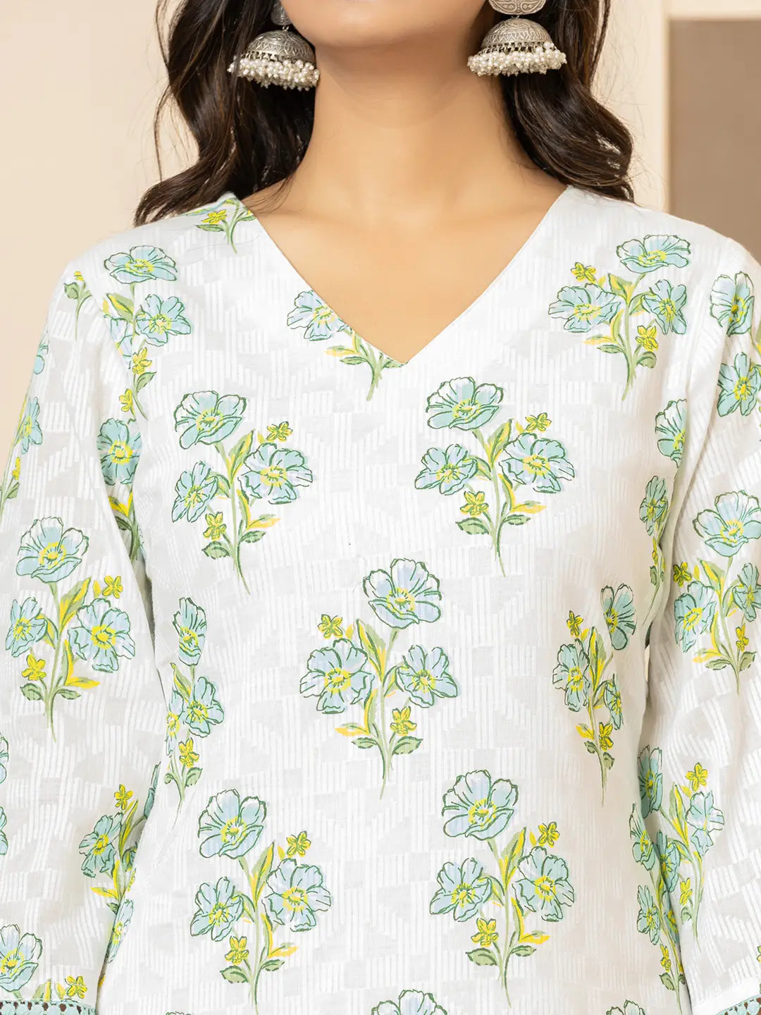 White And Teal Cotton Floral Print Kurta Dupatta Set