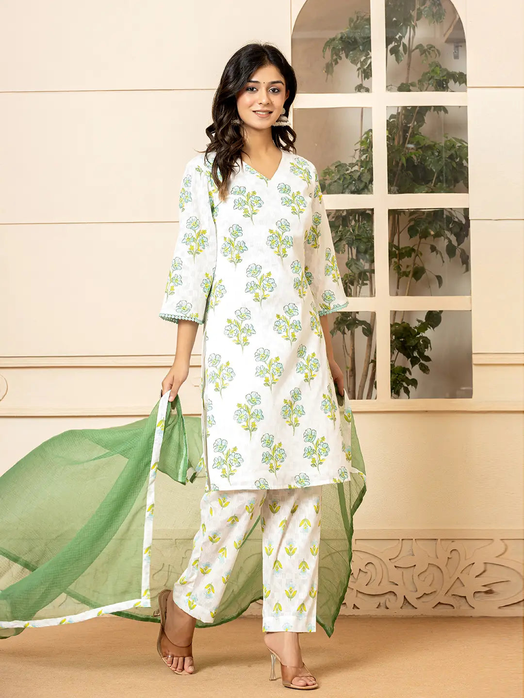 White And Teal Cotton Floral Print Kurta Dupatta Set