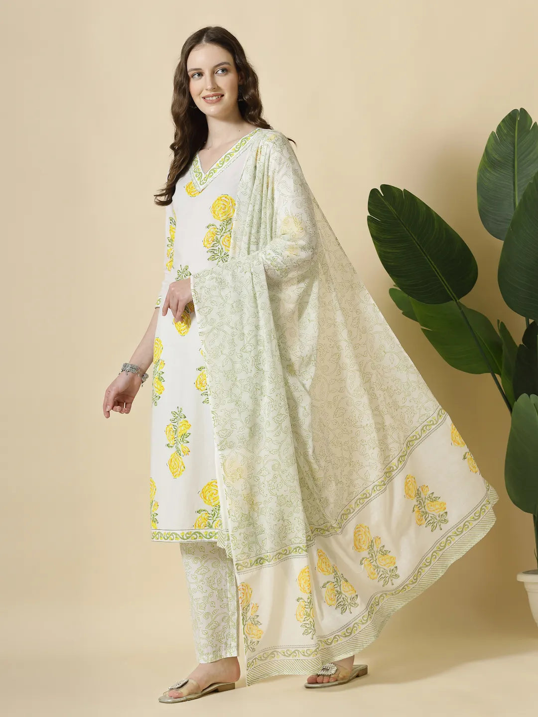 White And Yellow Cotton Sequins Work Kurta Set With Pant & Dupatta