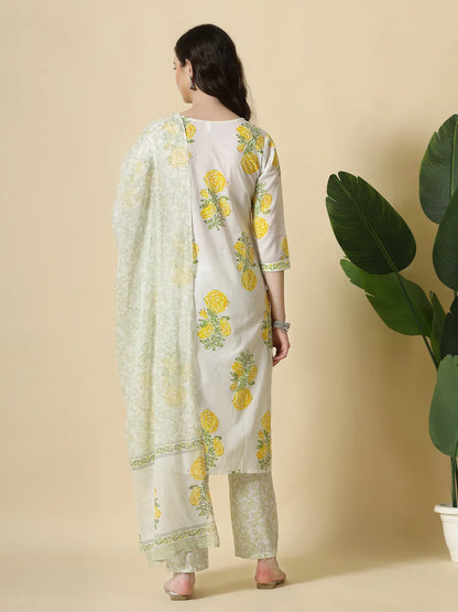 White And Yellow Cotton Sequins Work Kurta Set With Pant & Dupatta