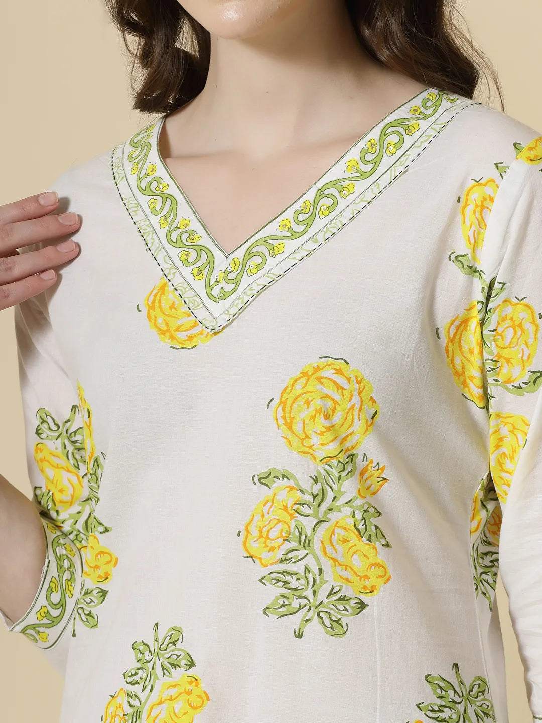 White And Yellow Cotton Sequins Work Kurta Set With Pant & Dupatta