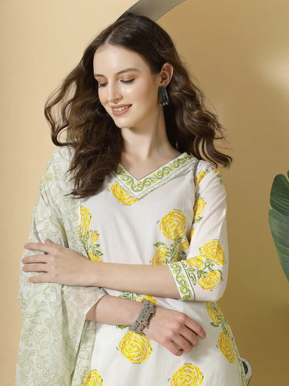 White And Yellow Cotton Sequins Work Kurta Set With Pant & Dupatta