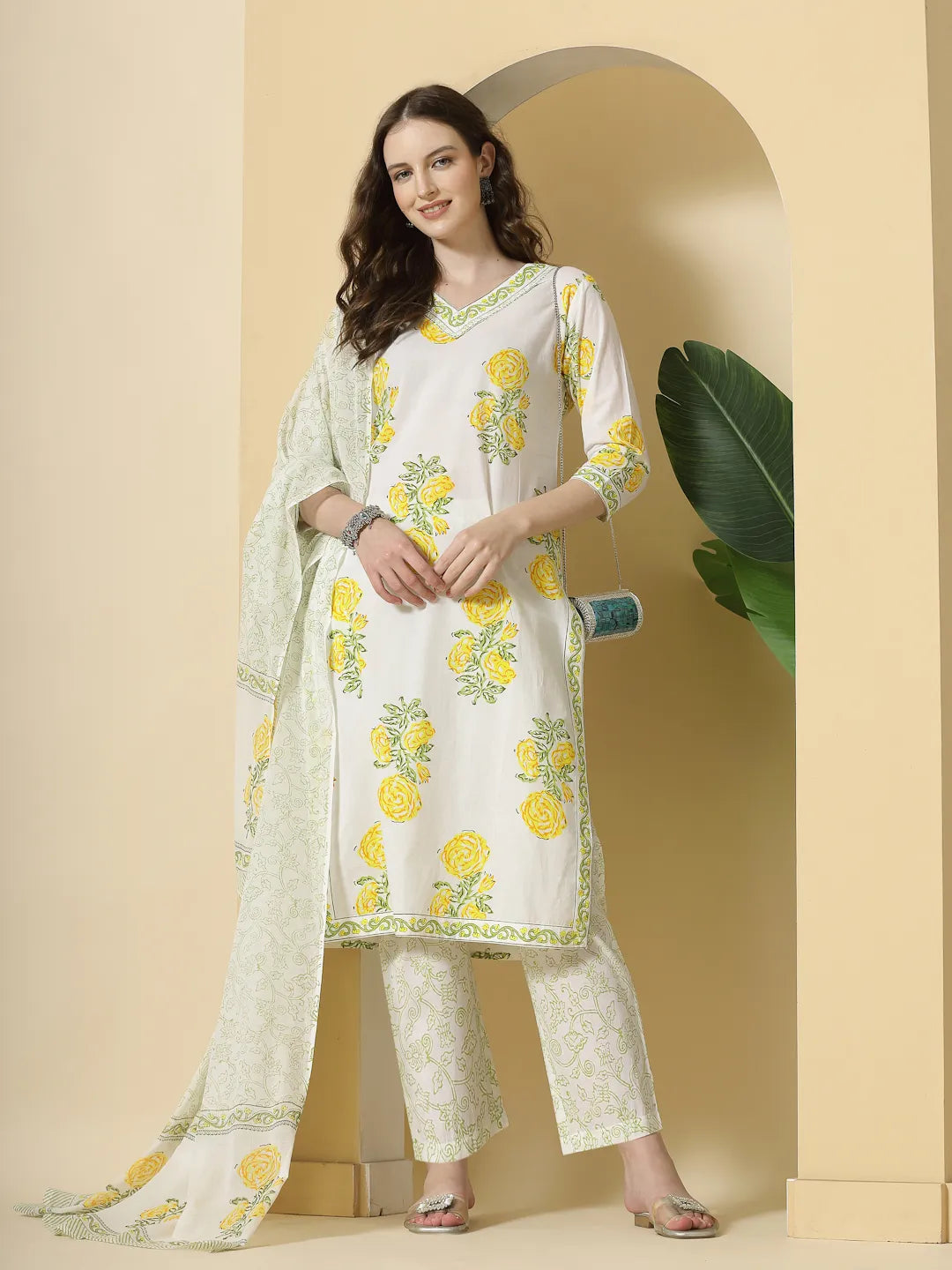 White And Yellow Cotton Sequins Work Kurta Set With Pant & Dupatta