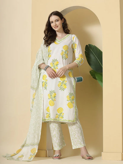 White And Yellow Cotton Sequins Work Kurta Set With Pant & Dupatta
