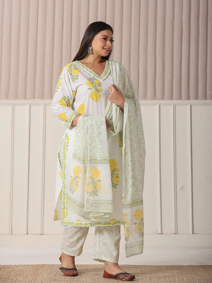 White And Yellow Cotton Sequins Work Plus Size Kurta Set With Pant &amp; Dupatta