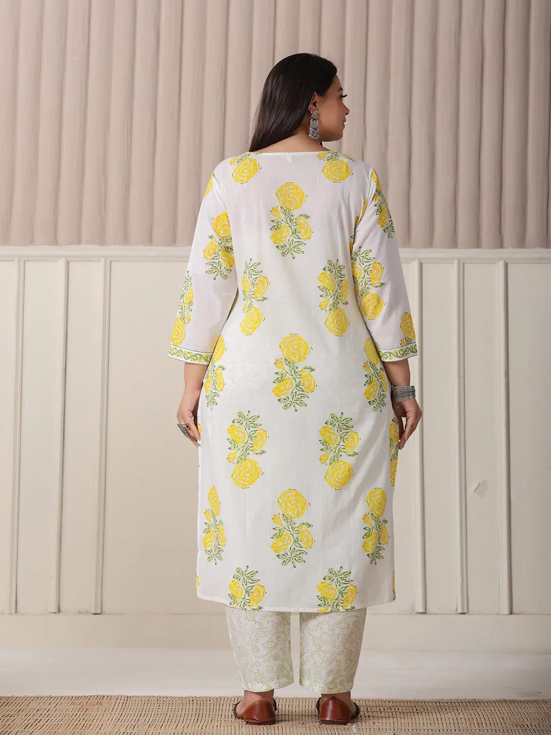 White And Yellow Cotton Sequins Work Plus Size Kurta Set With Pant &amp; Dupatta