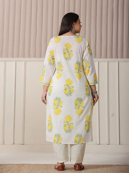 White And Yellow Cotton Sequins Work Plus Size Kurta Set With Pant & Dupatta