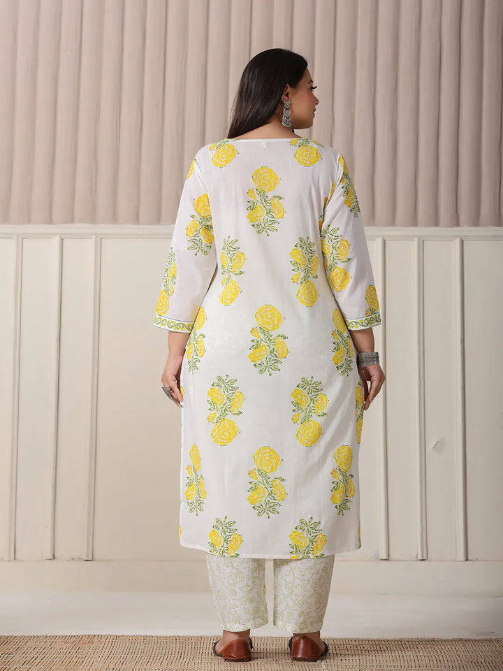 White And Yellow Cotton Sequins Work Plus Size Kurta Set With Pant &amp; Dupatta