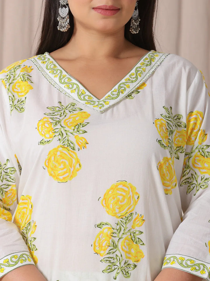 White And Yellow Cotton Sequins Work Plus Size Kurta Set With Pant &amp; Dupatta