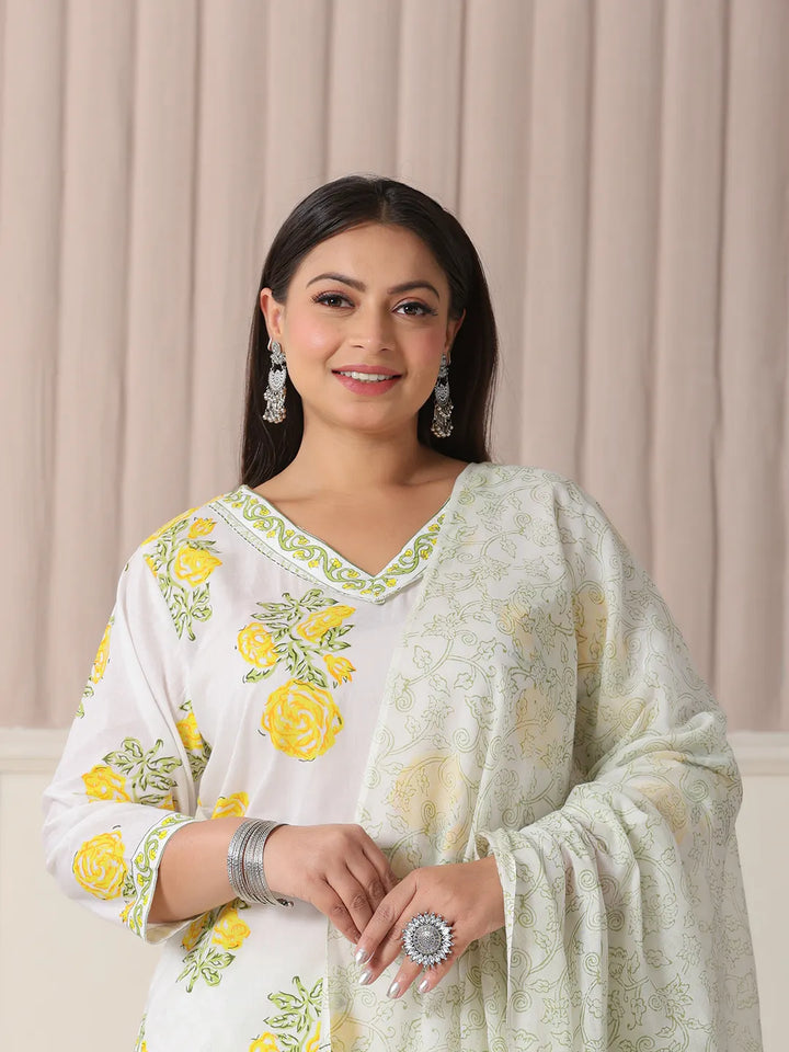 White And Yellow Cotton Sequins Work Plus Size Kurta Set With Pant &amp; Dupatta