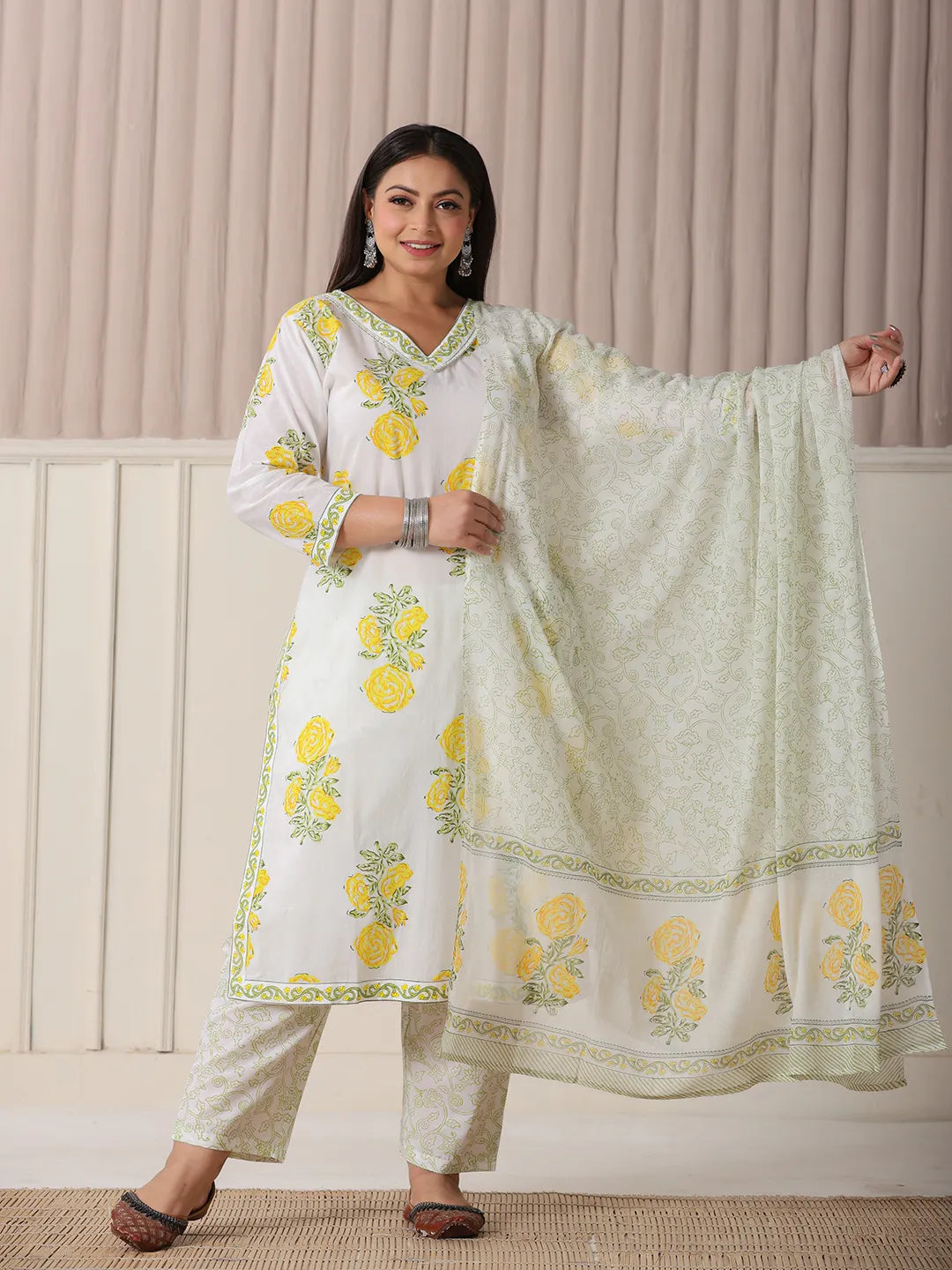 White And Yellow Cotton Sequins Work Plus Size Kurta Set With Pant &amp; Dupatta