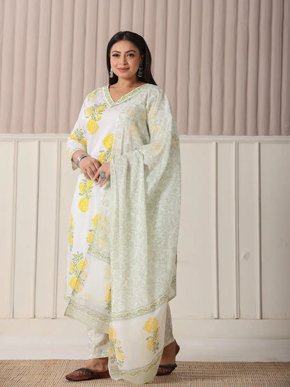 Women's White Cotton White And Yellow Cotton Sequins Work Plus Size Kurta Set With Pant & Dupatta by Yufta, suitable for wholesale buyers, boutiques, retailers, resellers and bulk fashion orders from Trendphoria