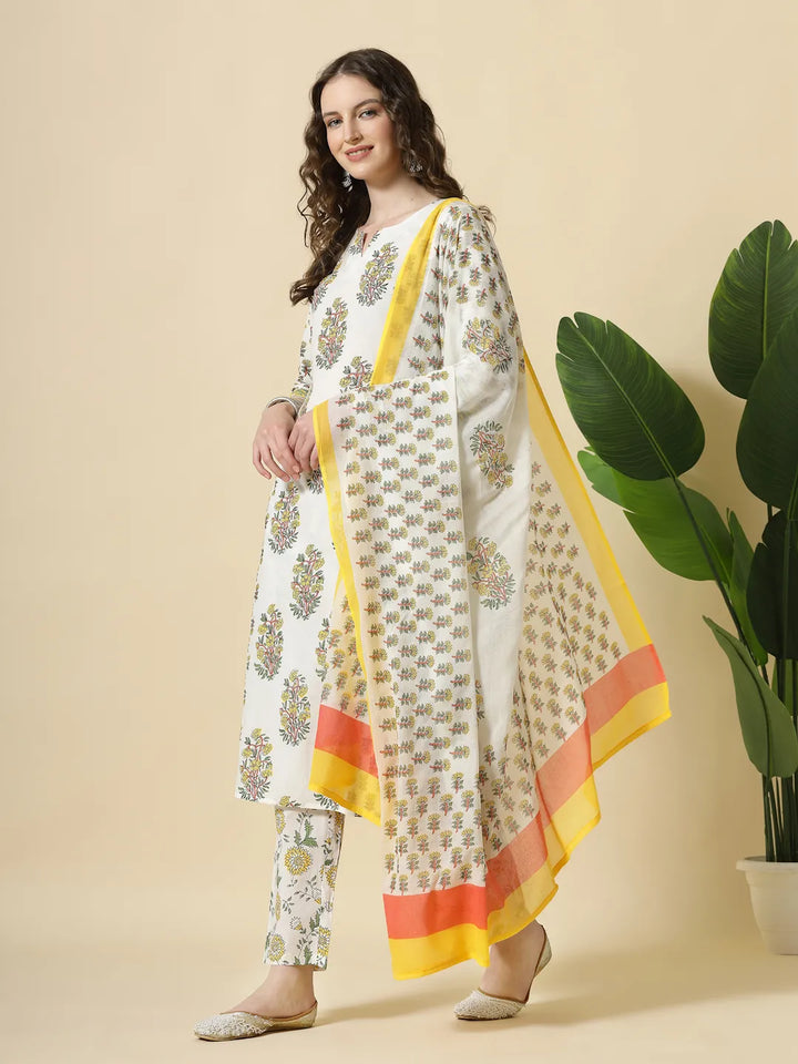 White And Yellow Floral Print Cotton Sequins Work Kurta Set With Pant &amp; Dupatta