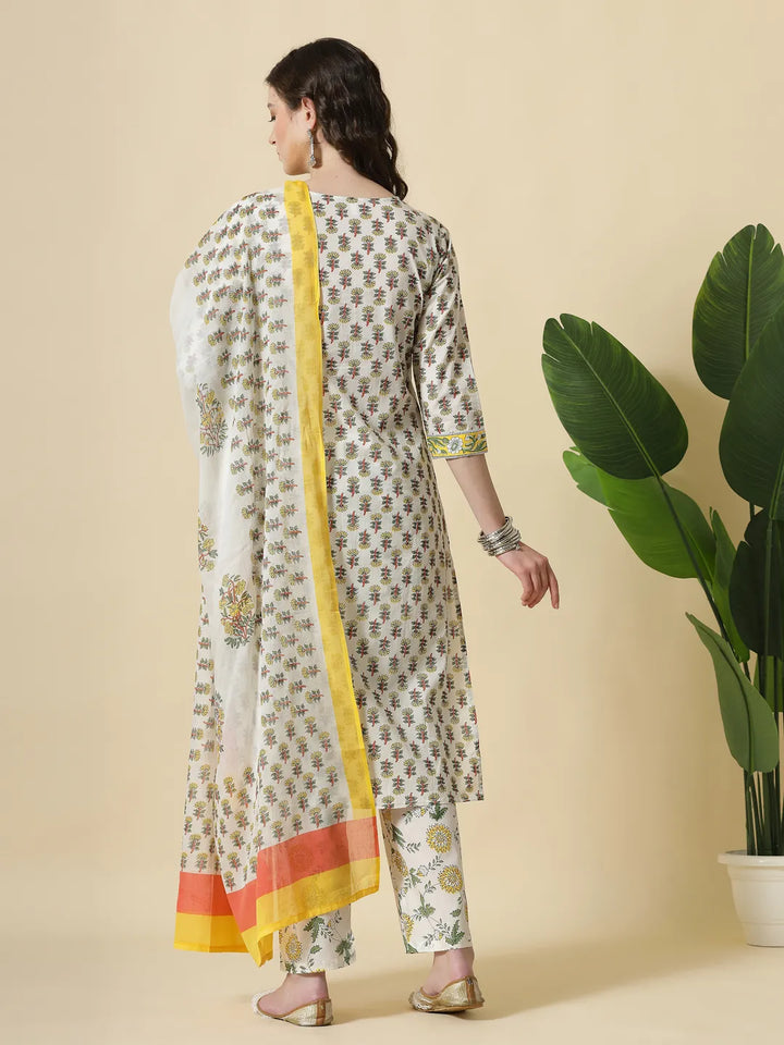 White And Yellow Floral Print Cotton Sequins Work Kurta Set With Pant &amp; Dupatta