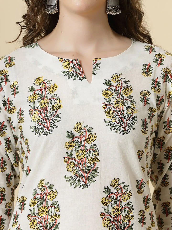 White And Yellow Floral Print Cotton Sequins Work Kurta Set With Pant &amp; Dupatta