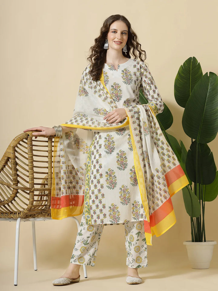 White And Yellow Floral Print Cotton Sequins Work Kurta Set With Pant &amp; Dupatta