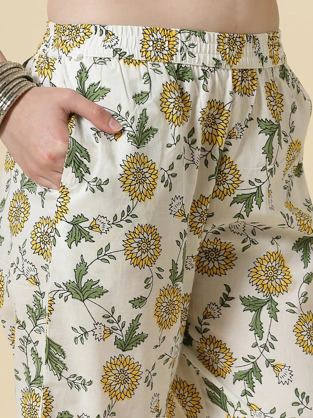 White And Yellow Floral Print Cotton Sequins Work Kurta Set With Pant &amp; Dupatta
