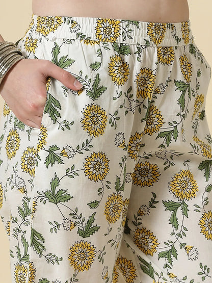 White And Yellow Floral Print Cotton Sequins Work Kurta Set With Pant & Dupatta