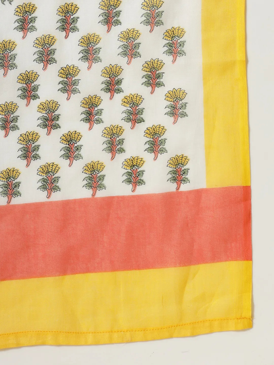 White And Yellow Floral Print Cotton Sequins Work Kurta Set With Pant &amp; Dupatta