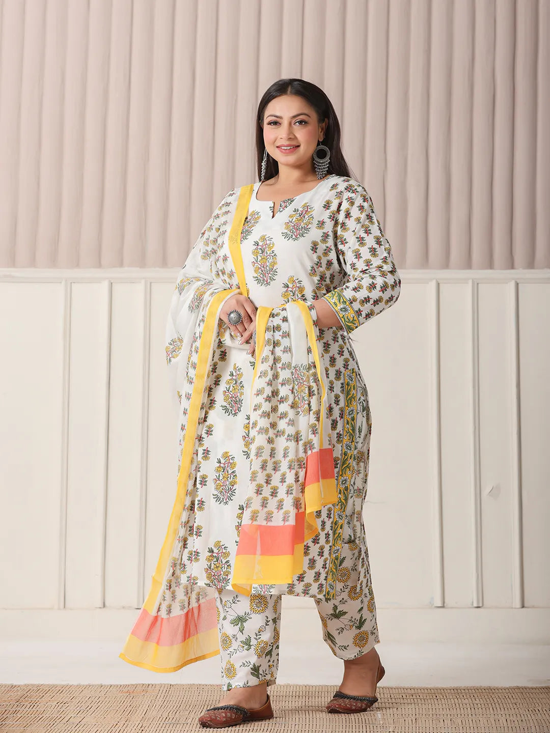 White And Yellow Floral Print Cotton Sequins Work Plus Size Kurta Set With Pant &amp; Dupatta