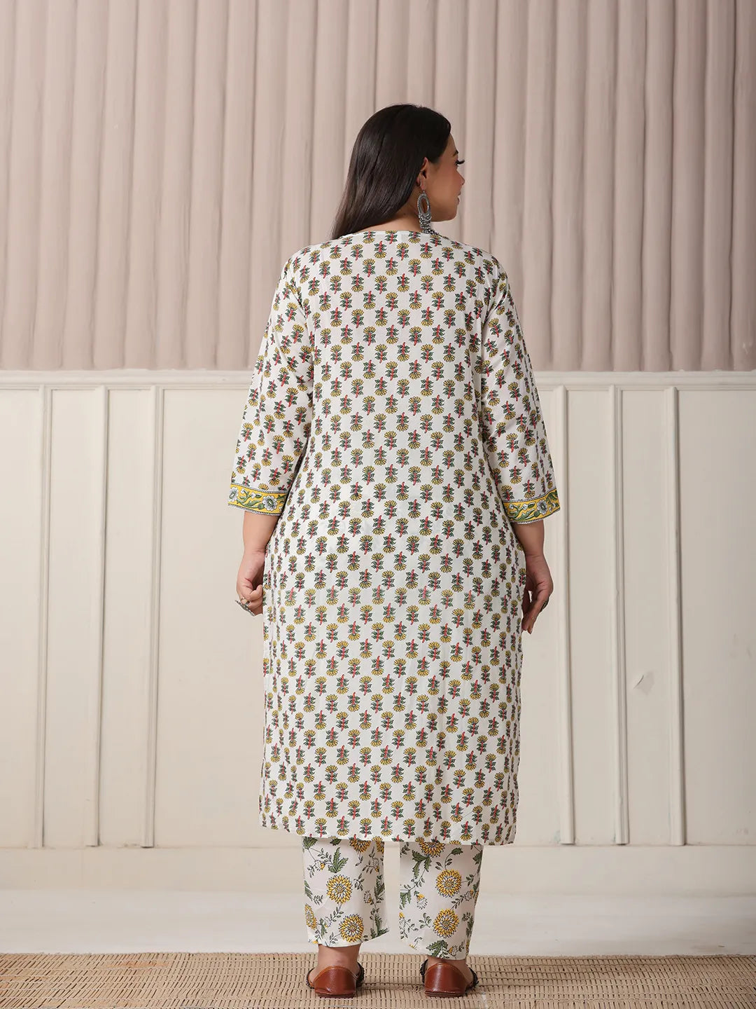 White And Yellow Floral Print Cotton Sequins Work Plus Size Kurta Set With Pant &amp; Dupatta