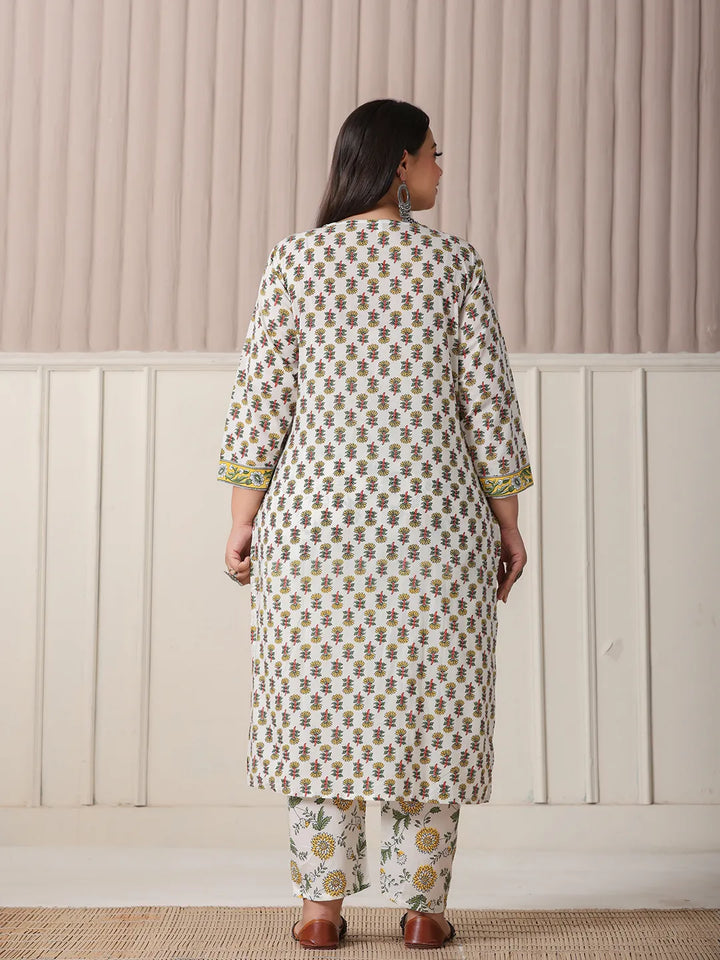 White And Yellow Floral Print Cotton Sequins Work Plus Size Kurta Set With Pant &amp; Dupatta