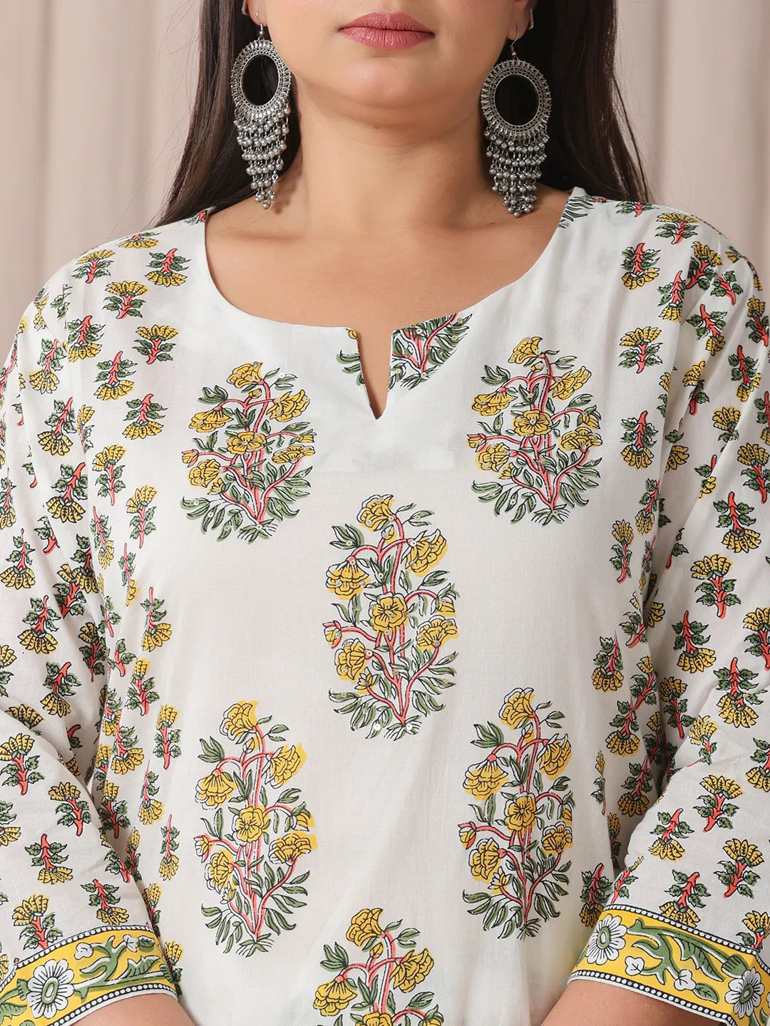 White And Yellow Floral Print Cotton Sequins Work Plus Size Kurta Set With Pant &amp; Dupatta