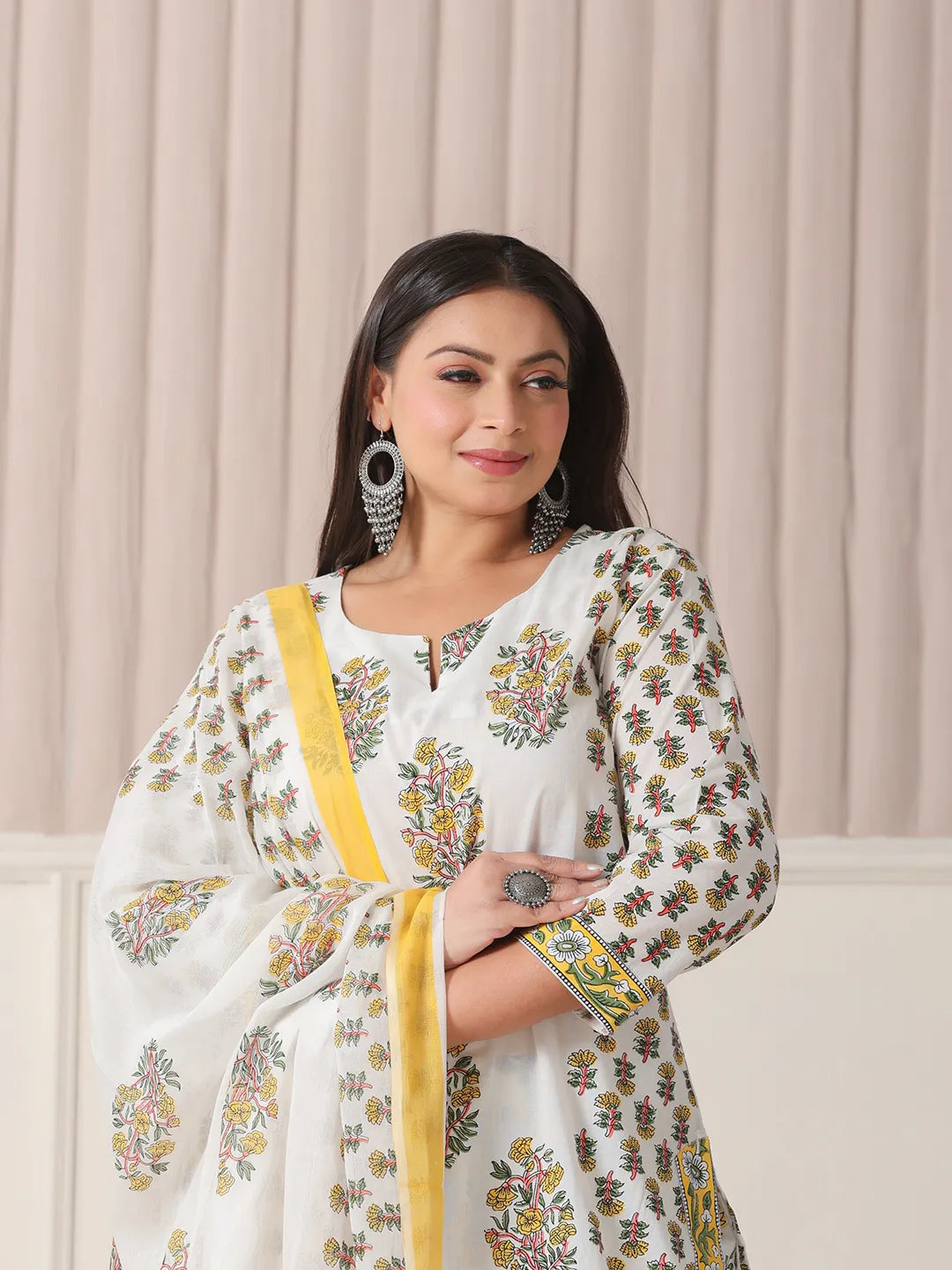 White And Yellow Floral Print Cotton Sequins Work Plus Size Kurta Set With Pant &amp; Dupatta