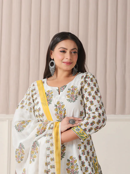 White And Yellow Floral Print Cotton Sequins Work Plus Size Kurta Set With Pant & Dupatta