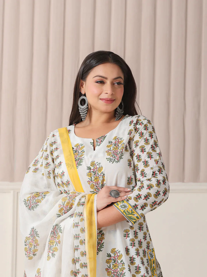 White And Yellow Floral Print Cotton Sequins Work Plus Size Kurta Set With Pant &amp; Dupatta
