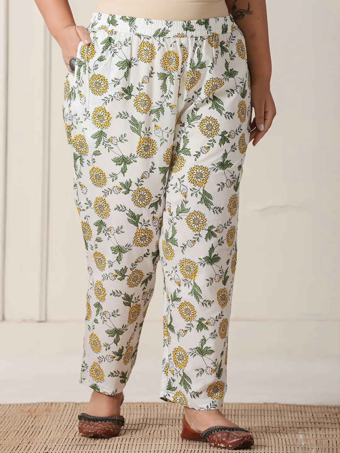 White And Yellow Floral Print Cotton Sequins Work Plus Size Kurta Set With Pant &amp; Dupatta