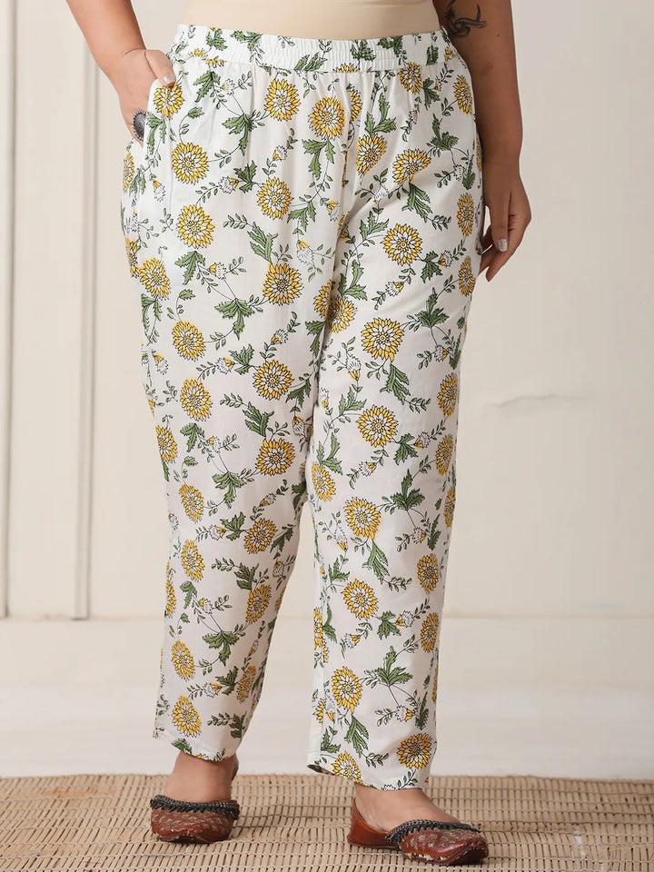 White And Yellow Floral Print Cotton Sequins Work Plus Size Kurta Set With Pant &amp; Dupatta