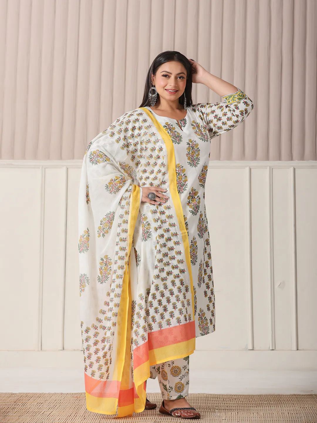 White And Yellow Floral Print Cotton Sequins Work Plus Size Kurta Set With Pant &amp; Dupatta
