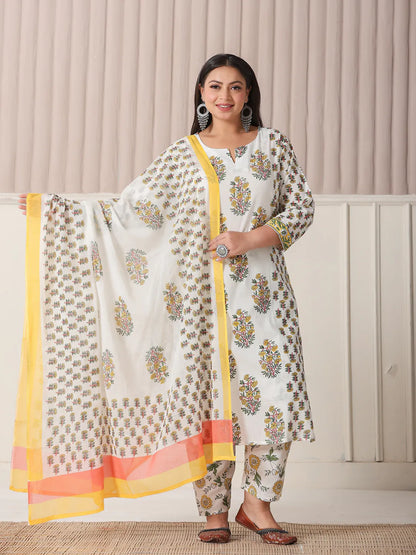Women's Yellow Cotton White And Yellow Floral Print Cotton Sequins Work Plus Size Kurta Set With Pant & Dupatta by Yufta, suitable for wholesale buyers, boutiques, retailers, resellers and bulk fashion orders from Trendphoria